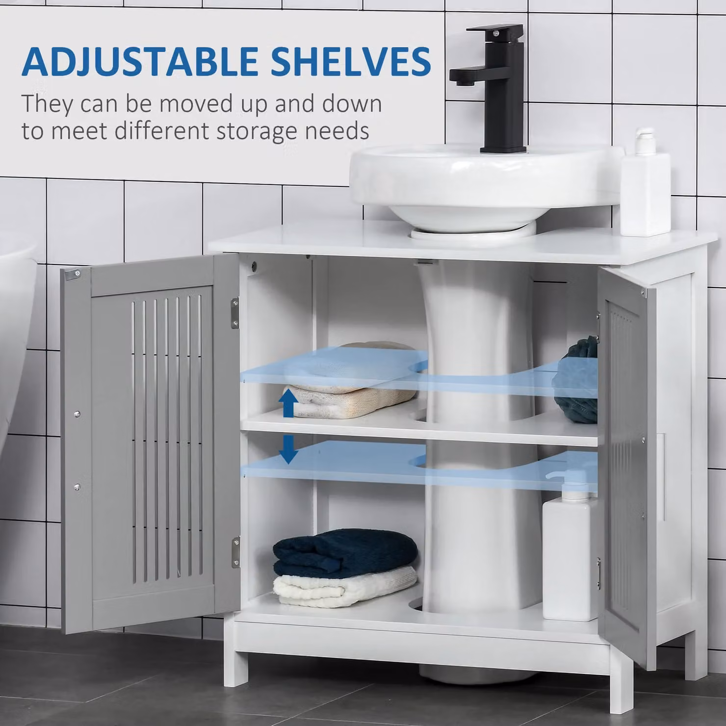 Kleankin Freestanding Bathroom Under Sink Cabinet with Internal Shelves and Hinged Doors in White or Grey – 4