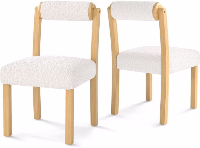 Costway Set of 2 White Wooden Dining Chairs with Faux Sherpa Bouclé Upholstery