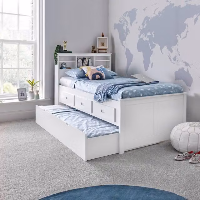 Bedmaster Veera Single Guest Bed in White with Drawers, Trundle and Memory Foam Mattresses, W/D/H: 90 x 200 x 119.5 cm