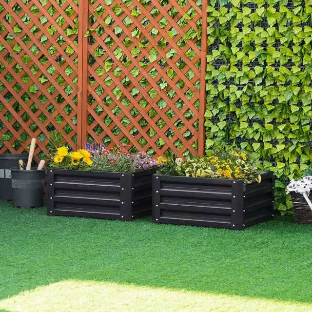 OUTSUNNY Set of 2 Galvanised Steel Raised Garden Planter Boxes in Grey, W/D/H: 60 x 60 x 30 cm