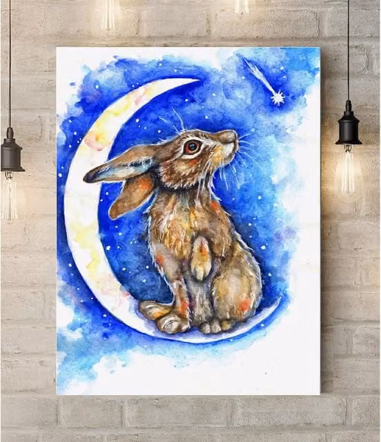 Be Coventry Art Ltd Moon and the Hare Watercolor Canvas Print, Blue, Width: 81 cm