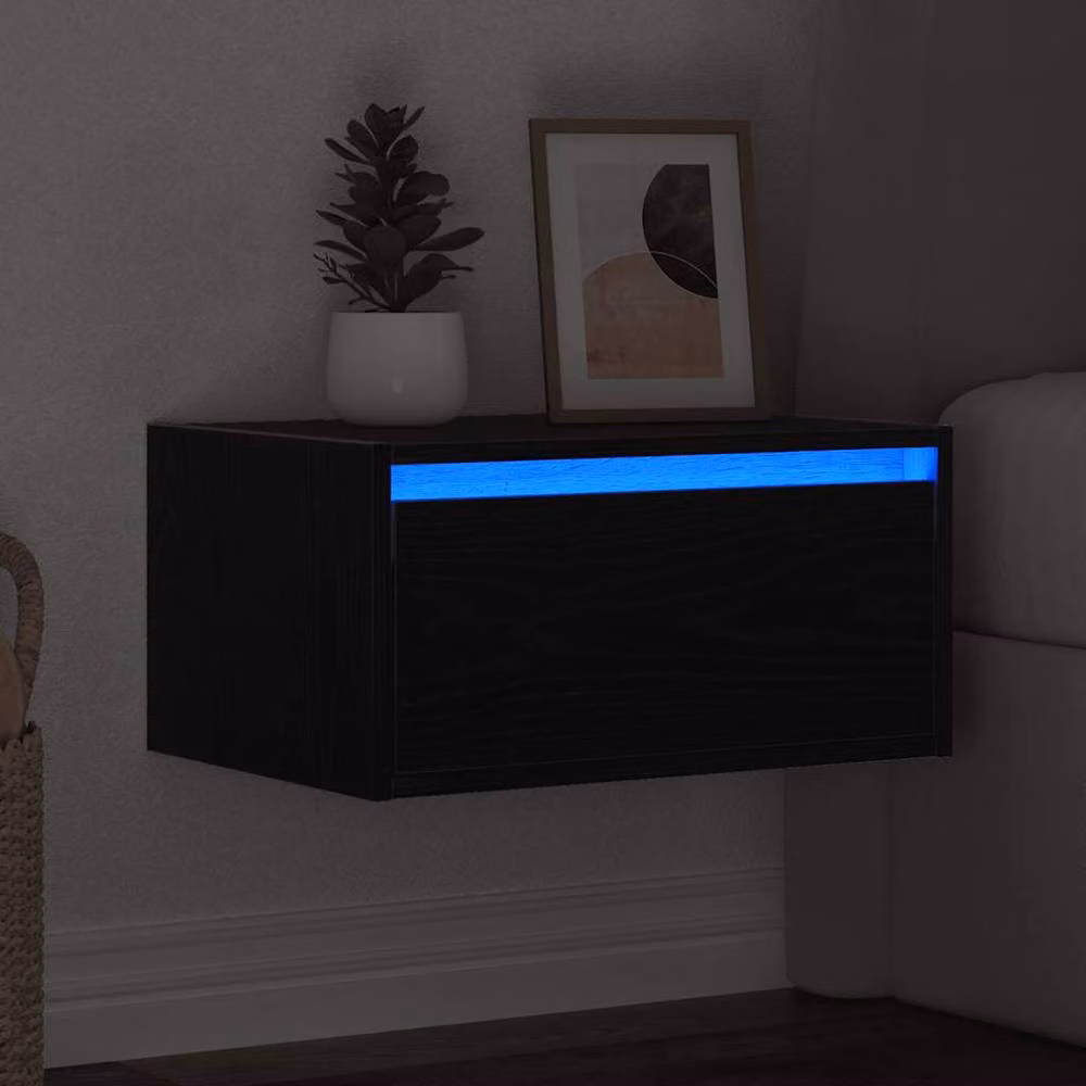 Berkfield Home Wall-mounted Bedside Cabinet with Integrated LED Lights in Black Oak – 4
