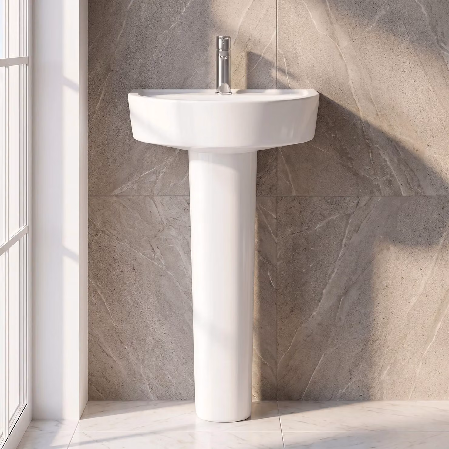 Balterley Mila D-Shaped Ceramic Basin and Full Pedestal in White, Width: 52 cm – 4