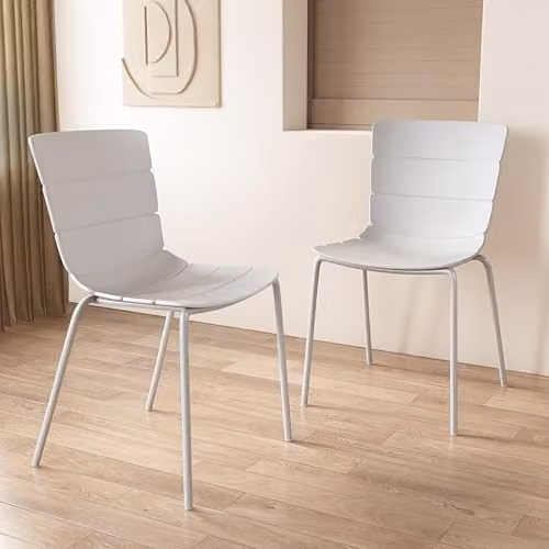 Core Products Pair of Bali Ribbed Plastic Dining and Kitchen Chairs with White Metal Legs (White) – 3