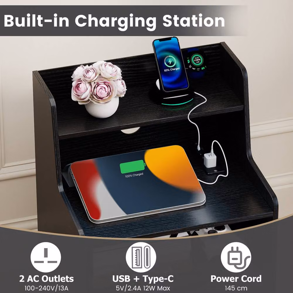 Costway Modern 2-Drawer LED Nightstand with Charging Station in Black – 5