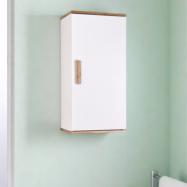 Showerdrape Nola Matt White and Bamboo Wall Mounted Single Bathroom Cabinet with Internal Shelves and Hinged Doors