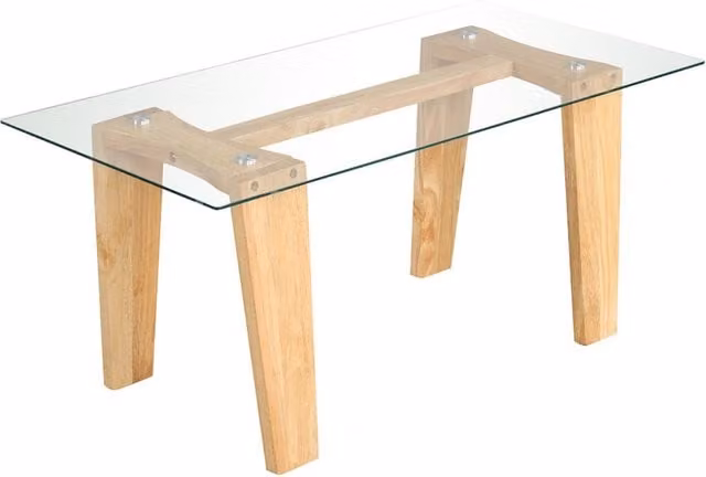 Costway Modern Rectangular Coffee Table with Transparent Tempered Glass Top and Natural Rubberwood Legs
