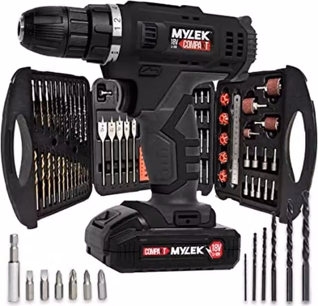 Mylek 18V Cordless Rechargeable Drill with 131 Piece Accessory Kit and Carry Case, Black