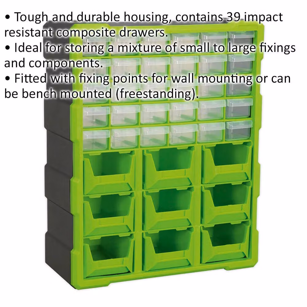 Loops 39 Drawer Parts Cabinet in Green, Wall Mounted or Standing, W: 37.5 cm, D: 16.5 cm, H: 47 cm – 2