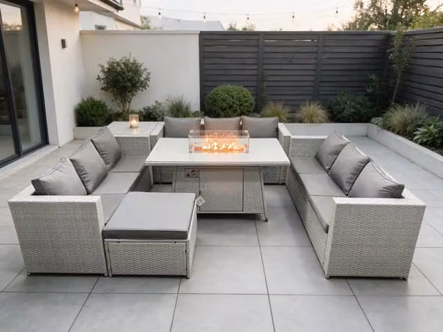 Fimous U-Shape Lounge Sofa Dining Set with Gas Heater Firepit Burner in Light Grey