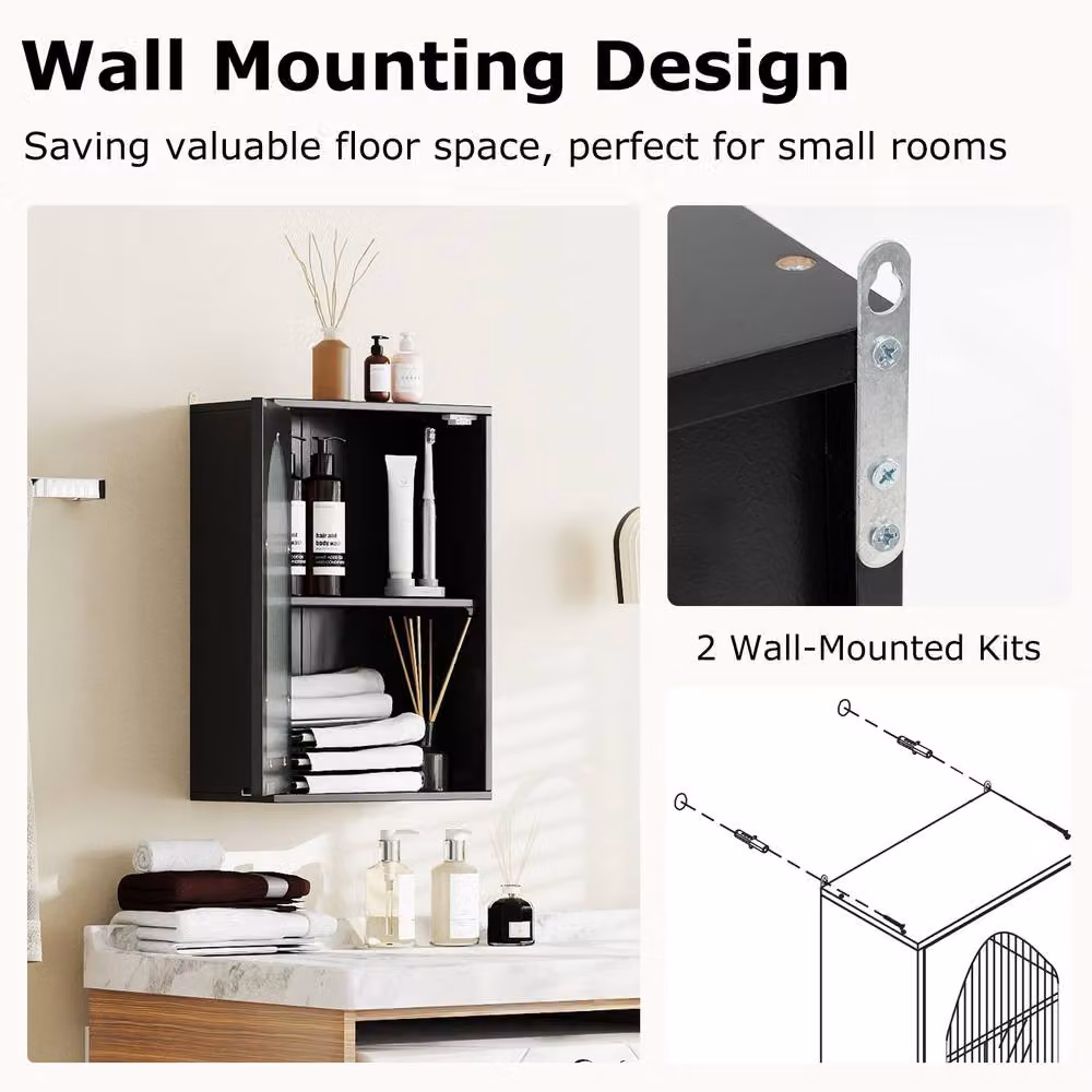 Costway Modern Black Wooden Wall Mounted Bathroom Medicine Cabinet with Glass Doors and Internal Shelves – 6