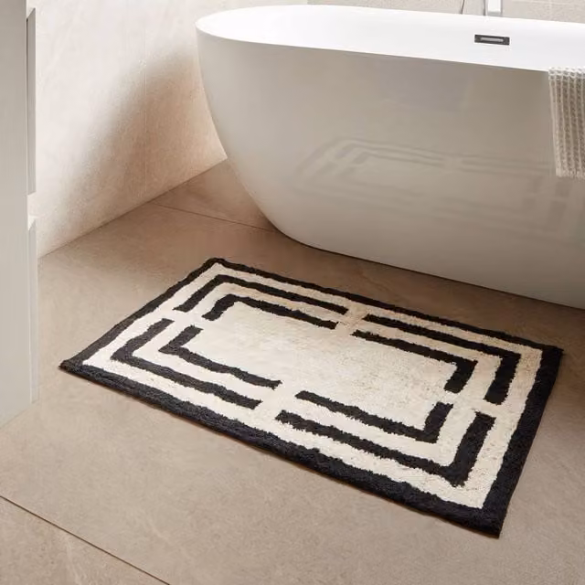Wyld and Coco Cotton Bath Mat in Beige and Black Geometric Design, W: 60 cm x L: 90 cm