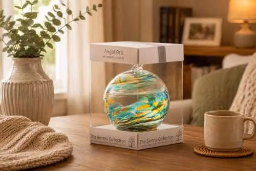 Sienna Glass Archangel Chamuel Angel Orb Hanging Glass Ornament in Green and Multicolour, 10 cm