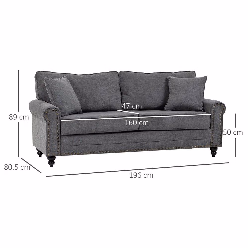 STILVORA 3 Seater Grey Fabric Upholstered Sofa with Scatter Cushions and Wooden Legs – 3