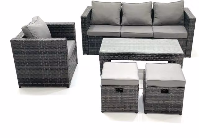 Fimous Rattan Garden Furniture Set in Dark Grey with Sofa, Armchair, Coffee Table and Two Footstools
