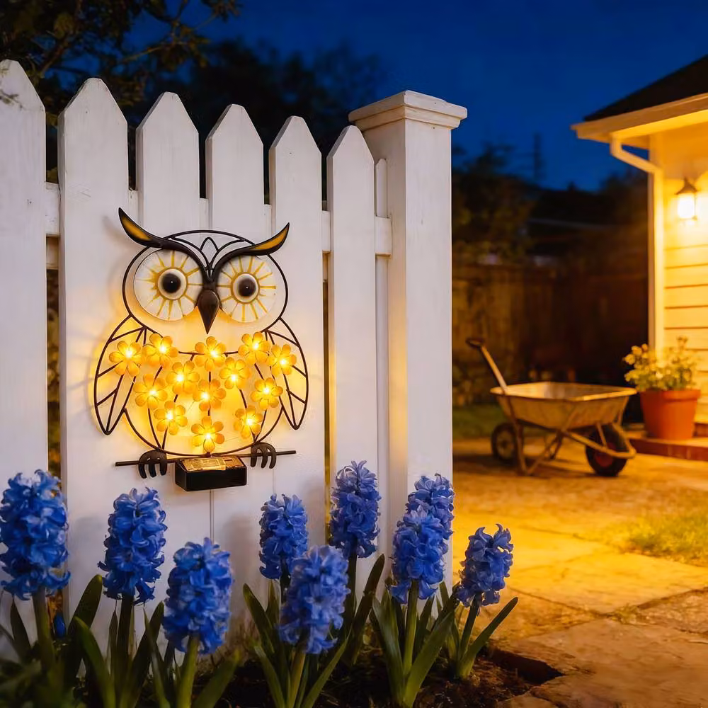 Quipulse Solar-Powered LED Wrought-Iron Owl Wall Light in Black with Dusk Sensor and Warm White Light – 4