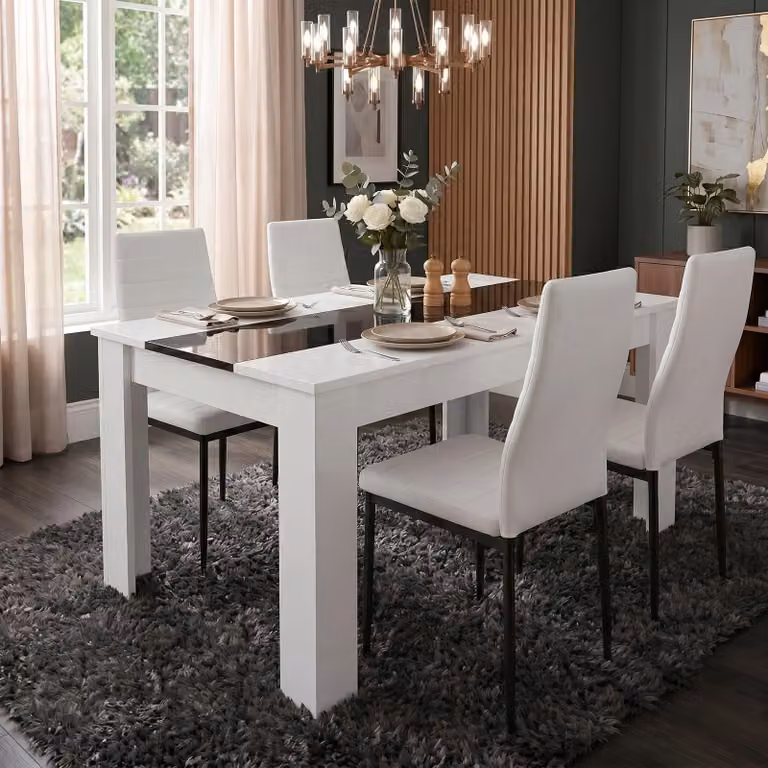 DHS Modern Glossy Rectangular Dining Table and Chairs Set in White, Black and Grey