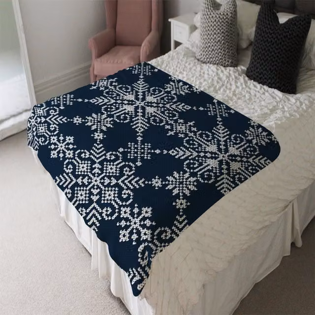 Benjamin Tate Design LTD Fluffy Blue and White Knitted Snowflake Pattern Blanket