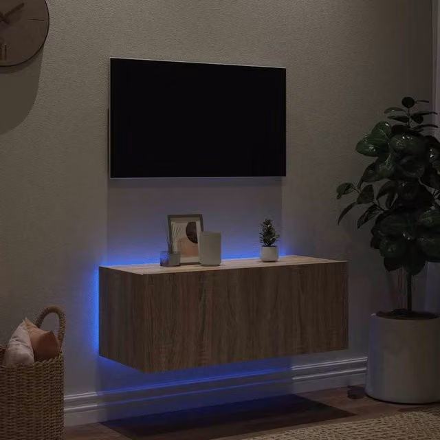 Berkfield Home TV Wall Cabinet with LED Lights in Sonoma Oak, W/D/H: 80 x 35 x 31 cm – 1