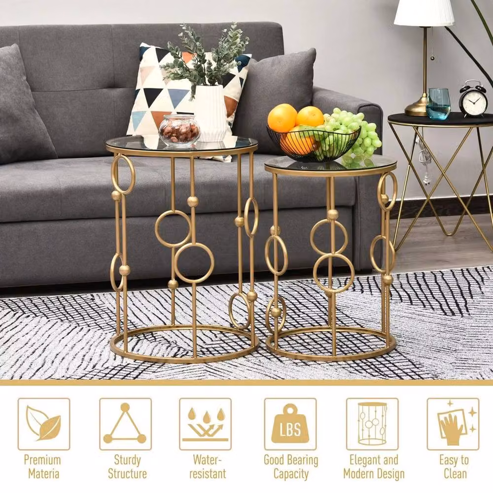 NESTLUNE Set of 2 Gold Round Glass Nesting Coffee and Side Tables – 3