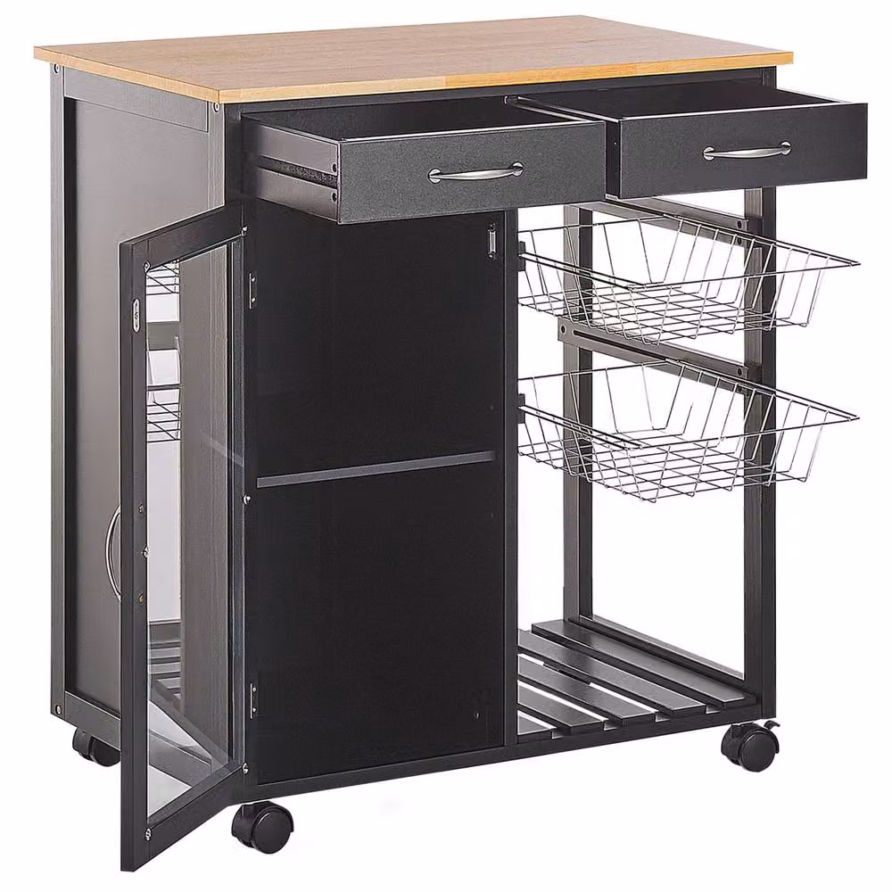 Wyld and Coco Kitchen Trolley in Black and Pine with 2 Drawers, 1 Cabinet and 2 Racks – 5