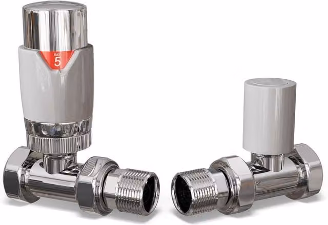 UK Radiators Talus Flair Chrome Thermostatic Radiator Valve and Straight Lockshield Valve Set with 10mm Reducers, White and Silver Finish – 1