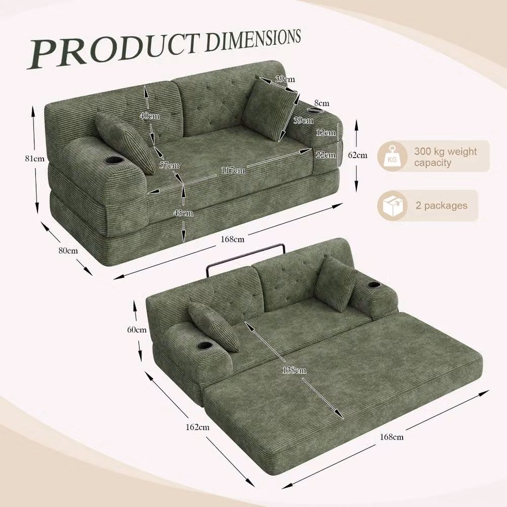 Rolipo Green Corduroy 2-Seater Sleeper Sofa with High Back and Cup Holders – 2