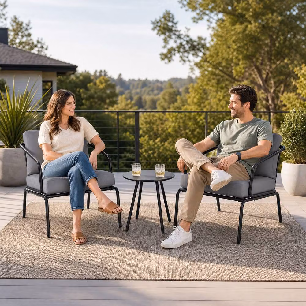 Costway 3-Piece Outdoor Bistro Set with Round Side Table and 2 Armchairs with Cushions in Grey – 5