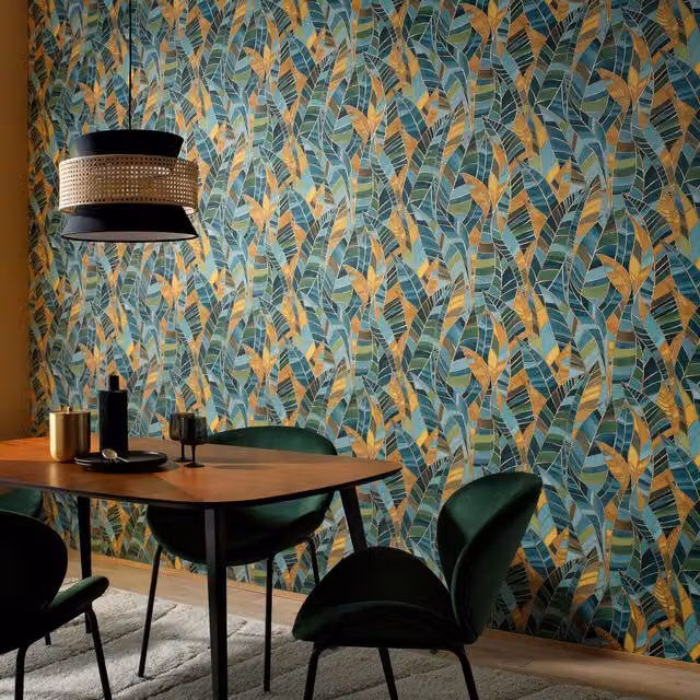 Erismann Serenade Leaves Green and Gold Abstract Botanical Vinyl Wallpaper Roll