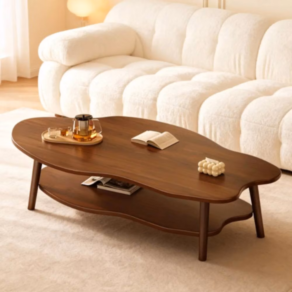 KORVIXA Modern Brown 2-Layer Oval Wood Coffee Table with Serving Tiers – 3