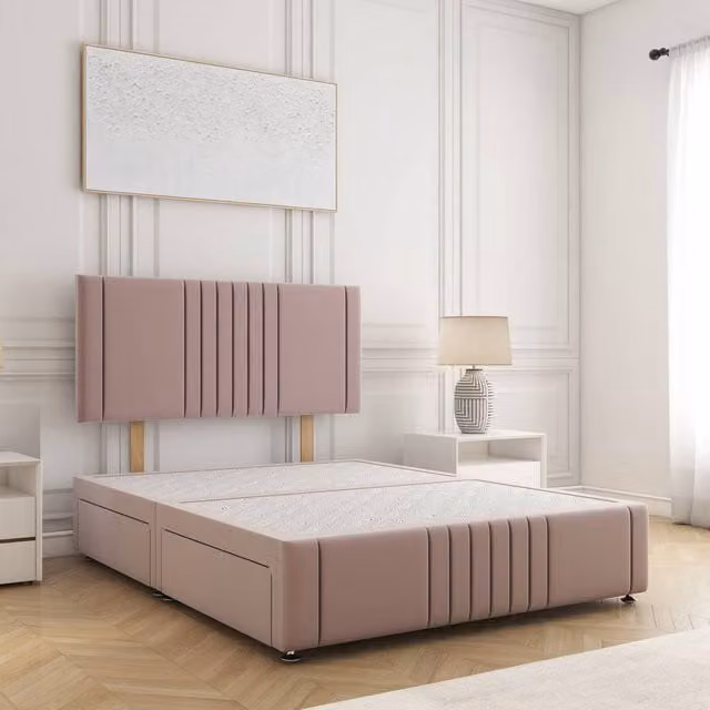 BSSPOKE Hazel Double Divan Bed with Plush Velvet Headboard and 2 Drawers on Same Side, Pink, W/D/H: 140 x 200 cm