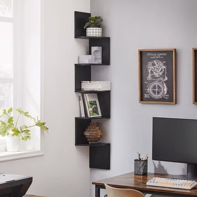 VASAGLE 5 Tier Black Wall Mounted Corner Shelf for Display and Decoration – 1