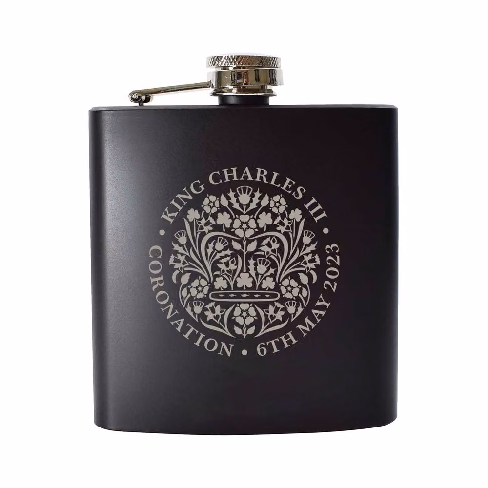 Uniqueful Personalised Commemorative Coronation of the King Black Stainless Steel Hip Flask – 2