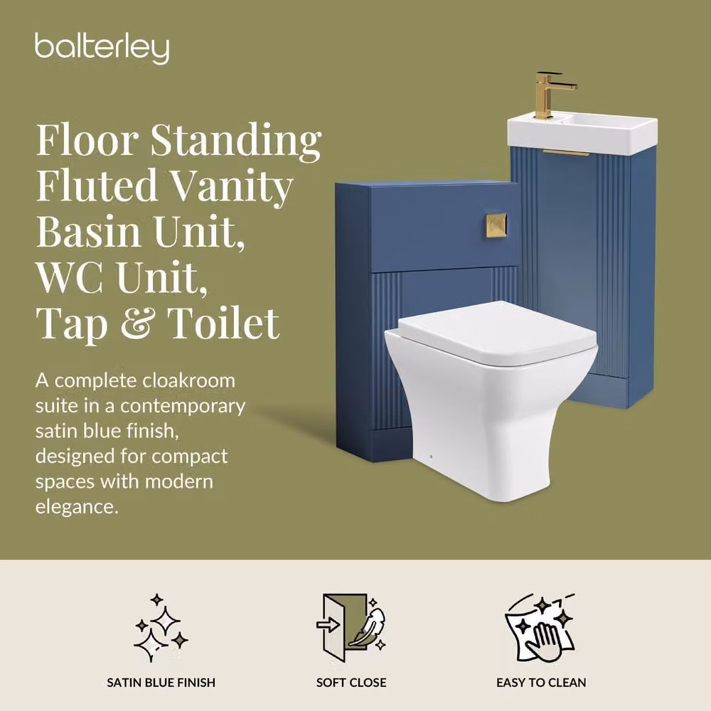 Balterley Blue Matt Cloakroom Suite with Wall Mounted Vanity Unit, Tap and Toilet Set – 2