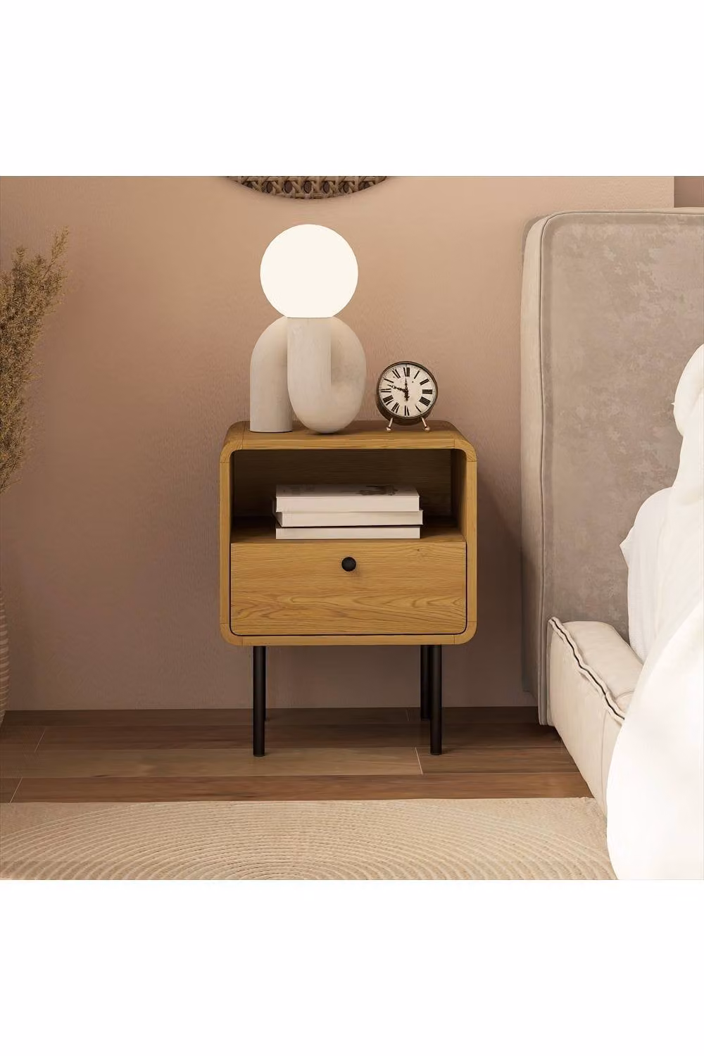 ERGOVEXA Bedside Table with Drawer and Open Shelf in Light Oak – 2