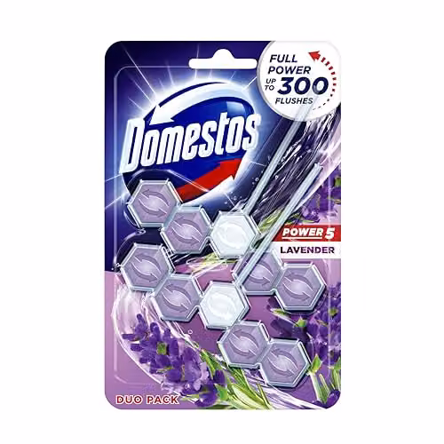 Domestos Power 5 Duo Pack Lavender Toilet Rim Blocks with Limescale Prevention, 14 x 55 g – 2