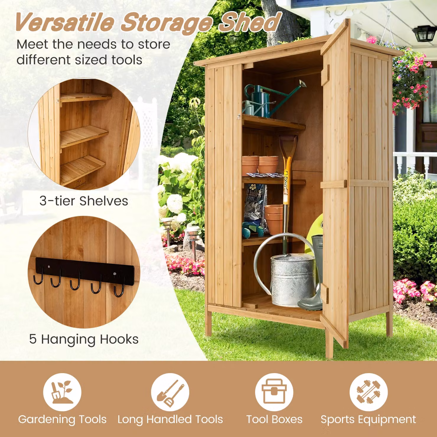 Gymax Natural Wood Tall Cabinet with Shelving and Lock, Rustic Brown Freestanding Storage, H: 152.4 cm x W: 91.44 cm x D: 42.7 cm – 2