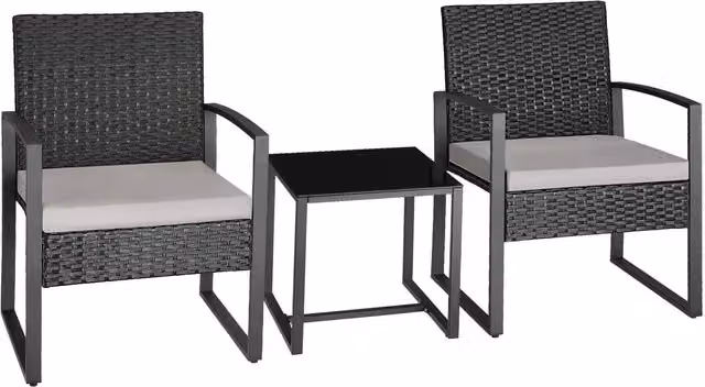 tectake 3 Piece Rattan Bistro Set with Glass Top and Metal Frame in Grey and Black – 8