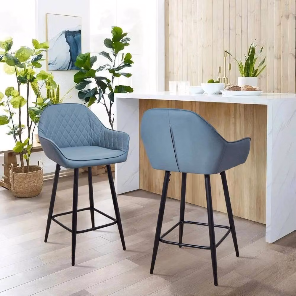 KORVIXA Set of 2 Blue PU Leather Bar Stools with Modern Geometric Design – 3