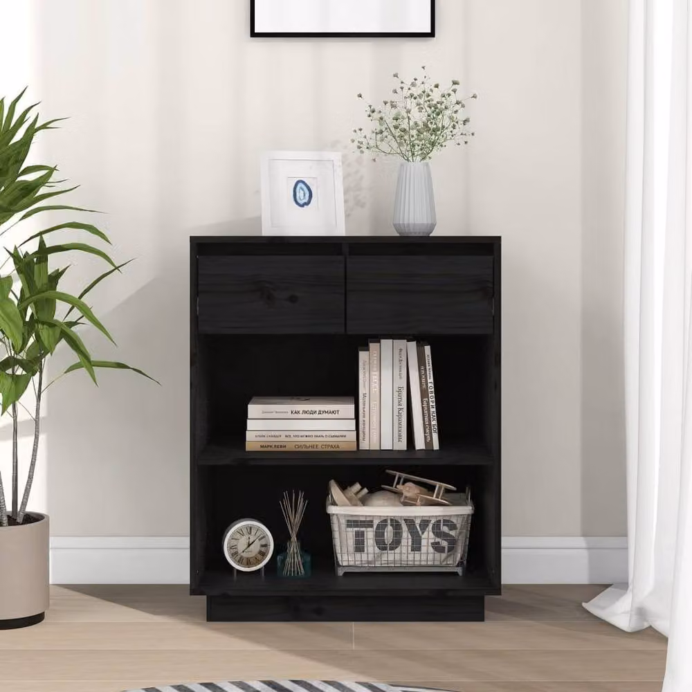 Berkfield Home Black Solid Wood Pine Console Cabinet W/D/H: 60 x 34 x 75 cm – 2