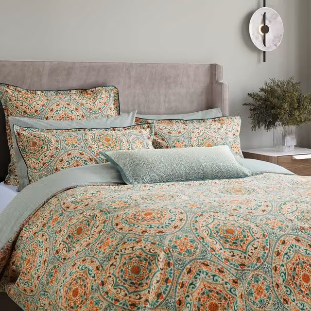 Bedeck of Belfast Addison Double Reversible Cotton Percale Duvet Cover and Pillowcase Set, Gold, Petrol and Multicolour Striped Ethnic Design, W: 140 cm, L: 200 cm