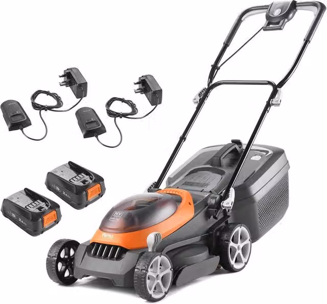 Flymo UltraStore 340R 36V Cordless Lawnmower Kit in Orange and Grey with 34cm Cutting Width, 35L Grass Box, Rechargeable Battery and Charger – 1