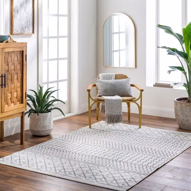 Livabliss Elaziz Geometric Machine Woven Rug in Grey, White and Beige, W: 120 cm x D: 170 cm – 1