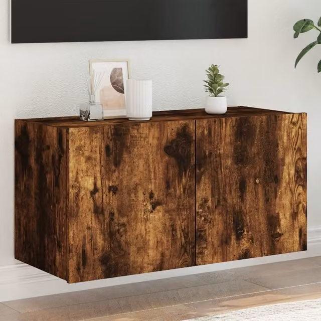 Berkfield Home Modern Wall-Mounted TV Cabinet with Integrated LED Lights in Smoked Oak Brown, W/D/H: 80 x 35 x 41 cm – 1