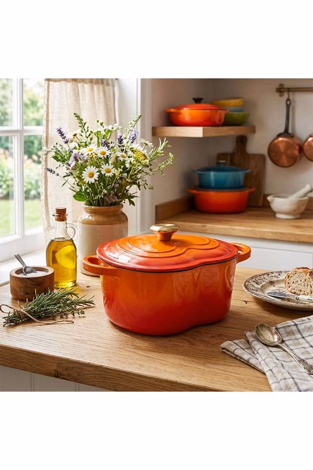 Living and Home Enamelled Cast Iron Heart-Shaped Dutch Oven Casserole Pot with Lid, Orange – 3