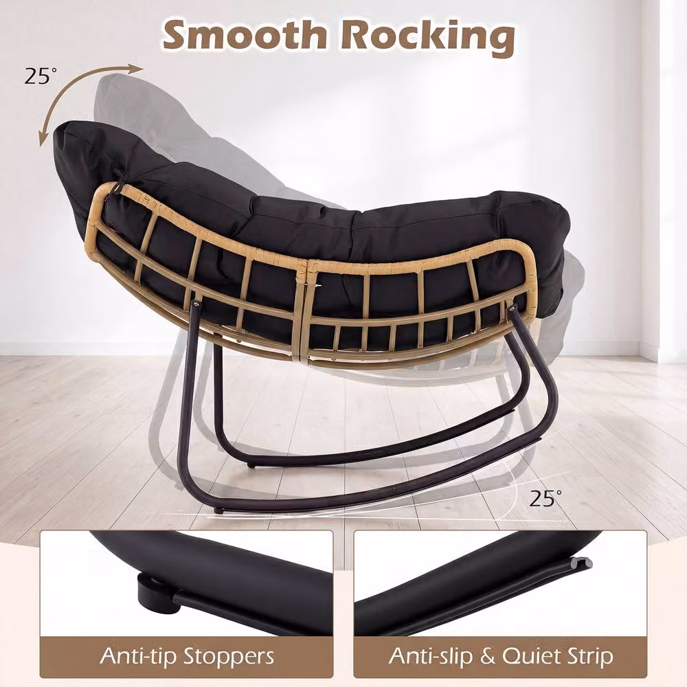 Costway Oversized PE Wicker Outdoor Rocking Egg Chair with Cushion in Black – 6