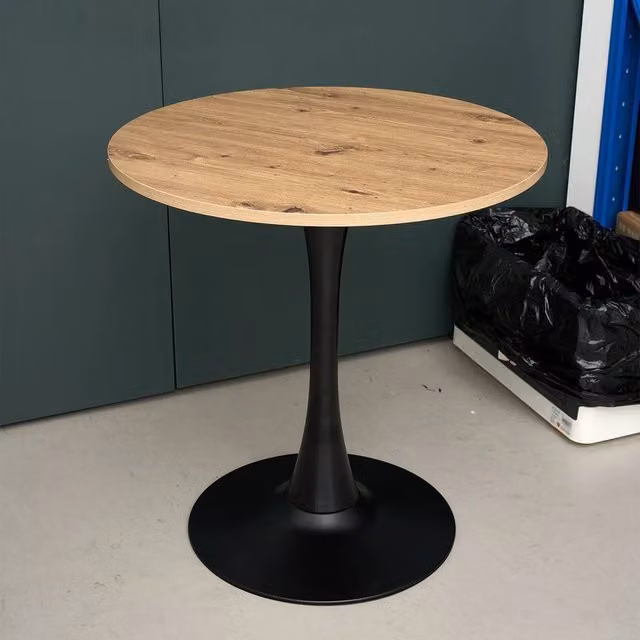 FORGEVIO Industrial Round Wooden Dining Table with Metal Pedestal in Brown