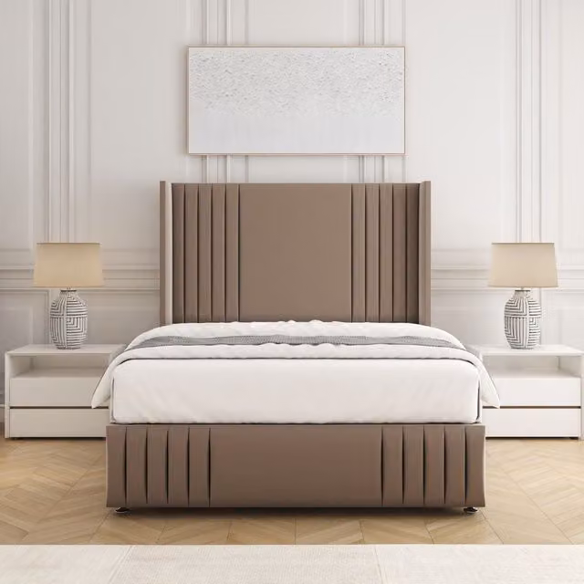 BSSPOKE Peyton Divan Bed Set with 54 inch Headboard and Mattress in Bronze Plush Velvet, Super King, W/D/H: 200 x 200 cm