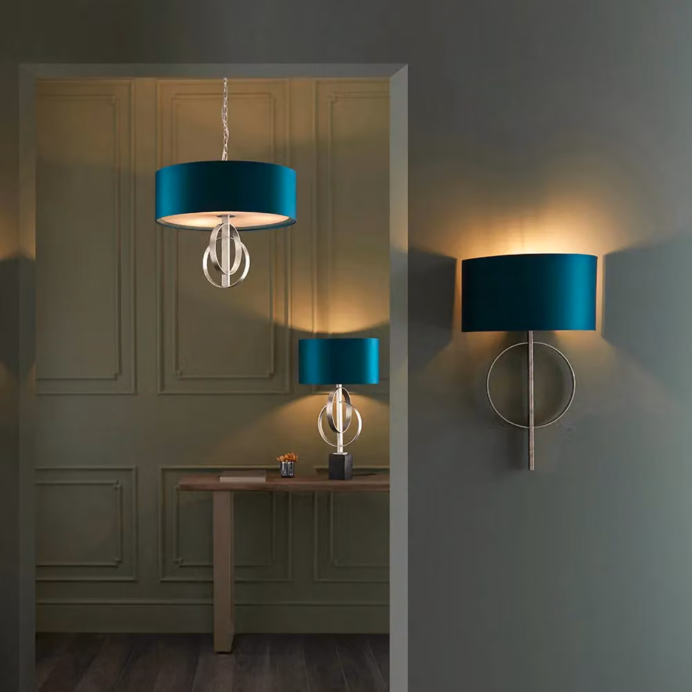 Loops Antique Silver Ceiling Pendant Light with Teal Satin Shade, 3-Bulb Hanging Fitting – 2
