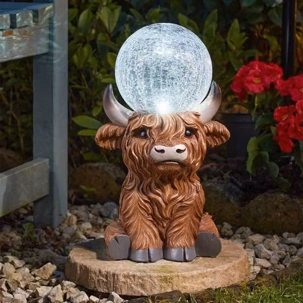 Marco Paul Highland Cow Solar Powered Garden Ornament with Crystal Ball, Multicolour, Height: 36 cm – 1